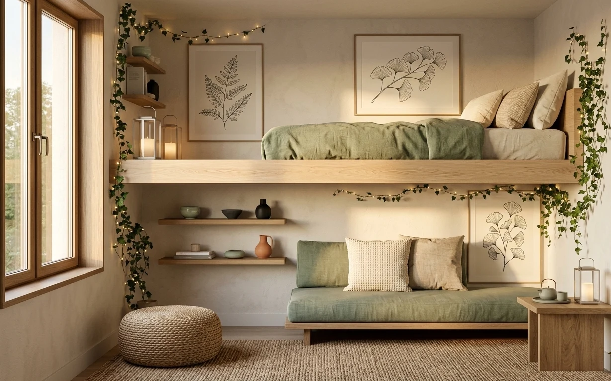 Small daybed nook with sage pillows, framed botanical prints, string lights, floating shelves, woven pouf, and hanging vines