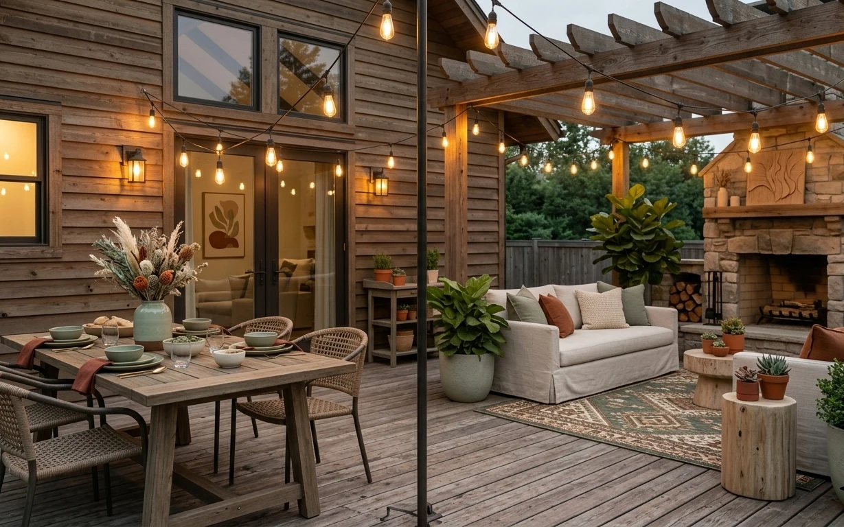 Warm farmhouse patio with string lights, outdoor sofa, patterned area rug, and potted plants around a stone fireplace