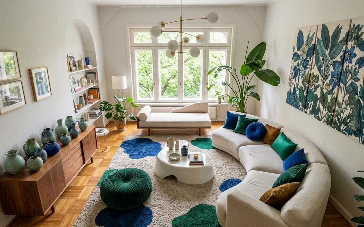 Bright living room with cream curved sofa, patterned rug, framed botanical art, plants, and a low white coffee table