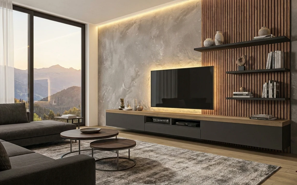 Modern TV lounge nook with gray rug, warm LED glow behind the TV, wood slat wall, and sheer curtains.
