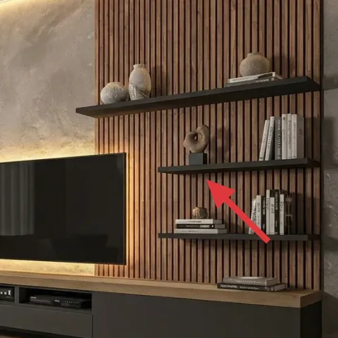 peel-and-stick wood slat wallpaper on TV wall