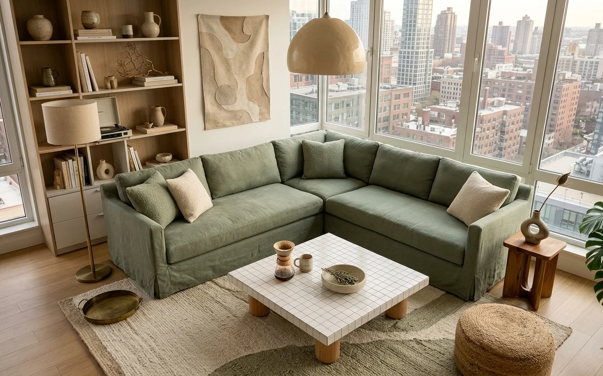 Sage-green L-shaped sectional with neutral rug, grid-tile coffee table, dome floor lamp, and beige abstract wall art