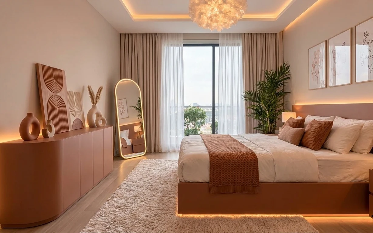 Warm beige bedroom with arched floor mirror, area rug, plug-in table lamp, framed botanical prints, and tall indoor plant
