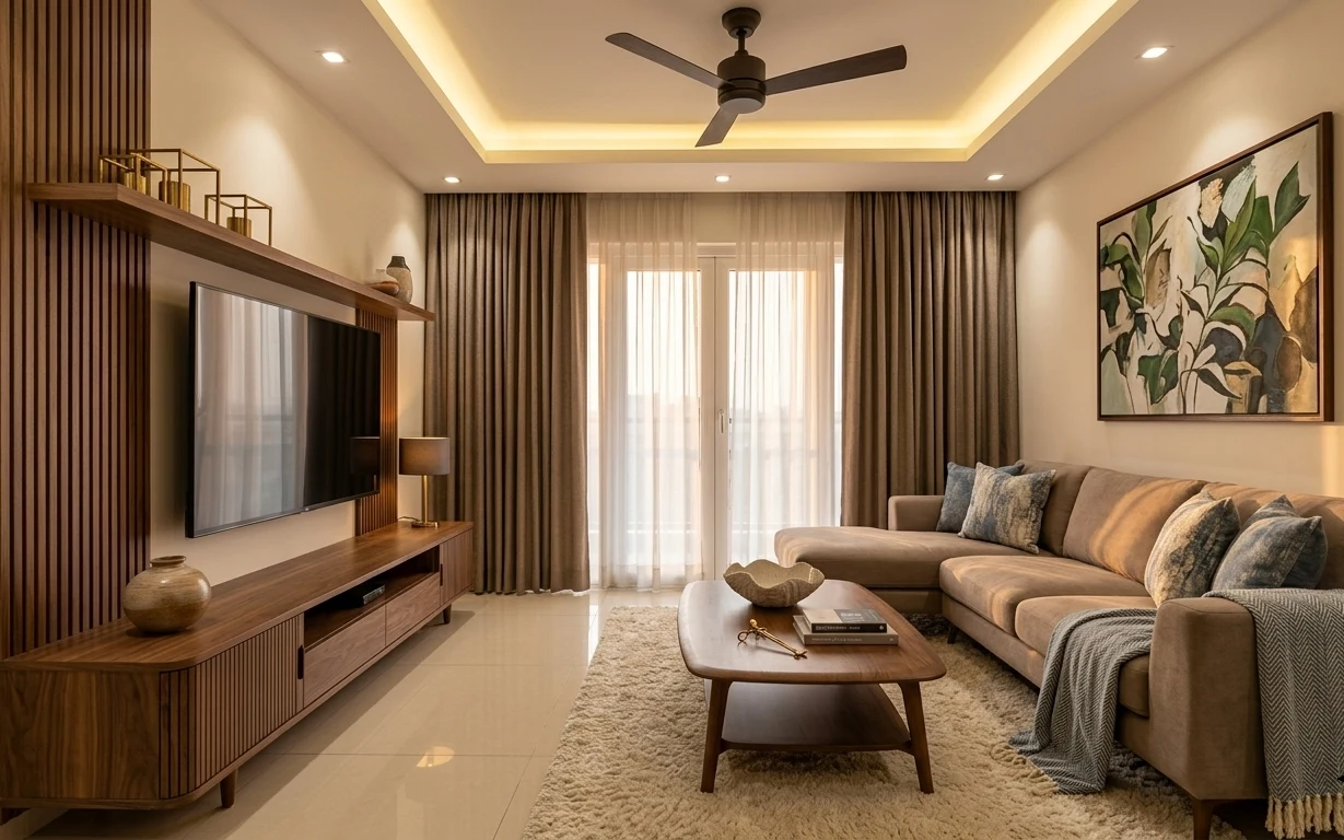 Warm walnut and cream living room with an L-shaped sofa, plush rug, plug-in table lamp, and framed abstract botanical art