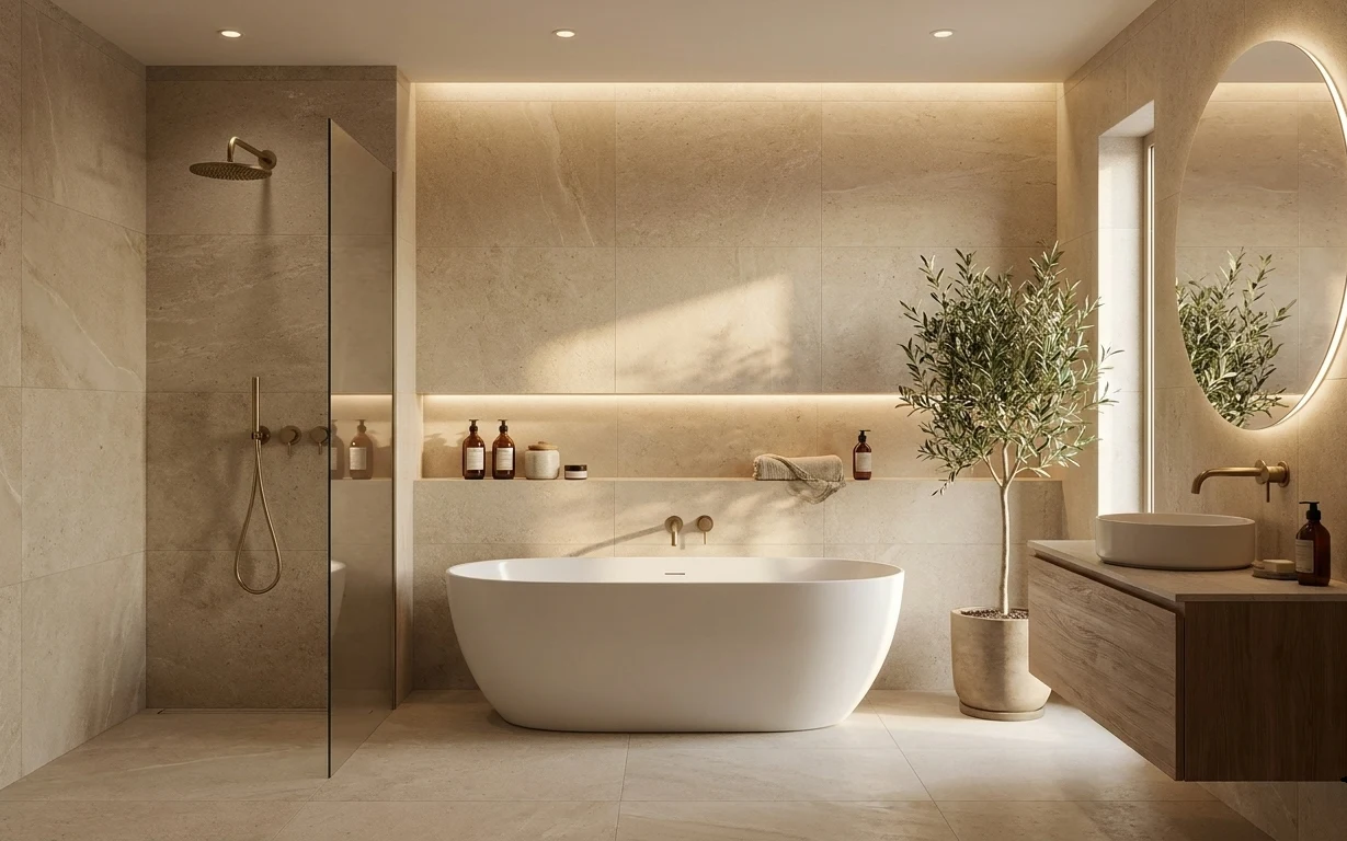 Spa-style bathroom with beige tile, oval backlit mirror, wood vanity, brass fixtures, and a potted olive tree
