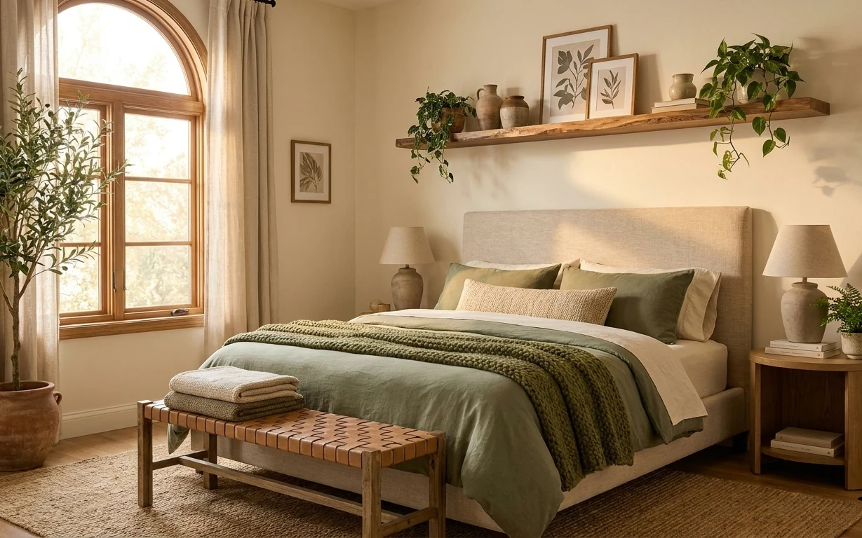 Sage-and-cream bedroom with arched window curtains, upholstered bed, lamps, botanicals on wall shelves, and a woven rug