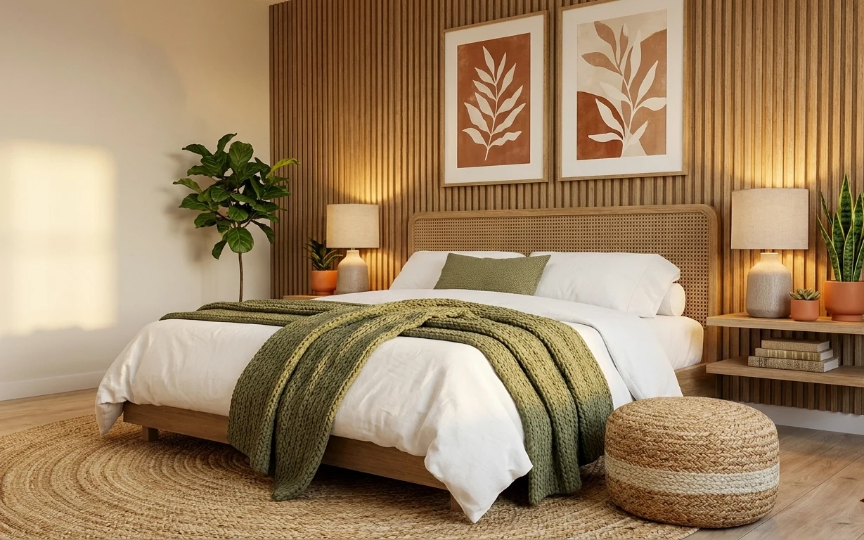 Boho bedroom with warm wood panel wall, woven headboard, jute rug, green throw, table lamps, and framed botanical prints