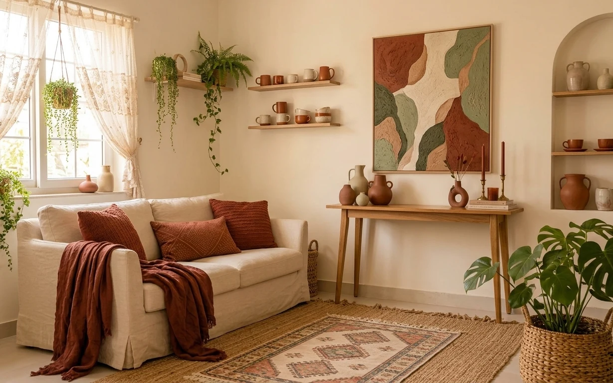 Cream slipcovered sofa with terracotta throw, patterned rug, sheer lace curtains, framed abstract art, and floating shelves with ceramics and plants.