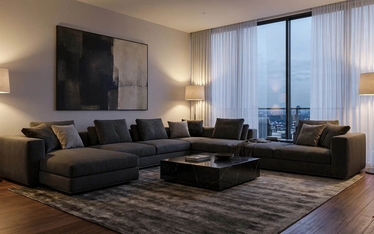 Modern gray sectional living room with black coffee table, gray rug, sheer curtains, framed abstract art, and two floor lamps