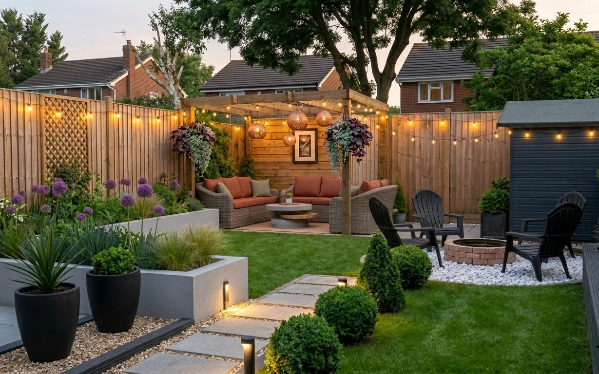 Patio lounge area with outdoor sofa, round coffee table, black chairs, string lights, and planted beds with purple flowers