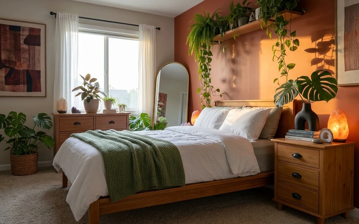 Peach accent wall bedroom with arched mirror, white curtains, green knit throw on a wooden daybed, and warm Himalayan salt lamp