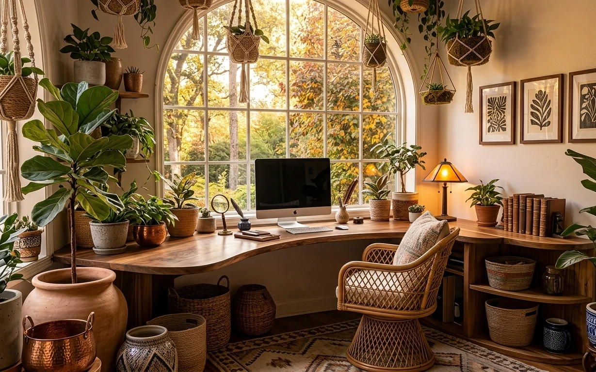 Sunlit window office nook with wood desk, rattan chair, amber lamp, framed botanical prints, and hanging macramé planters