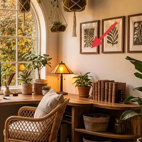 Framed botanical prints on the right wall