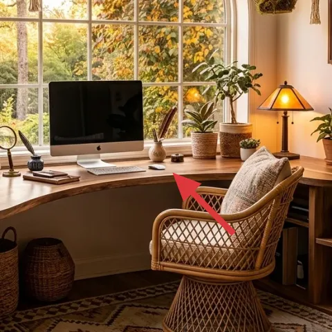 Wood desk in front of bay window