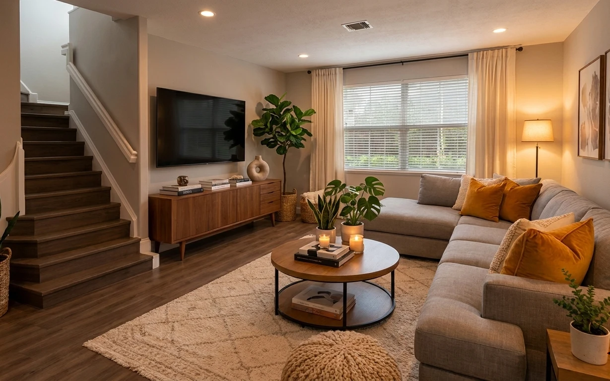 Warm beige living room with gray sofa, cream rug, beige curtains, round wood coffee table, lamp, TV console, and framed art