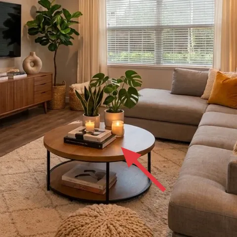 round wood coffee table with black legs