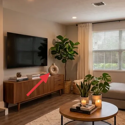 wood media console with open shelf