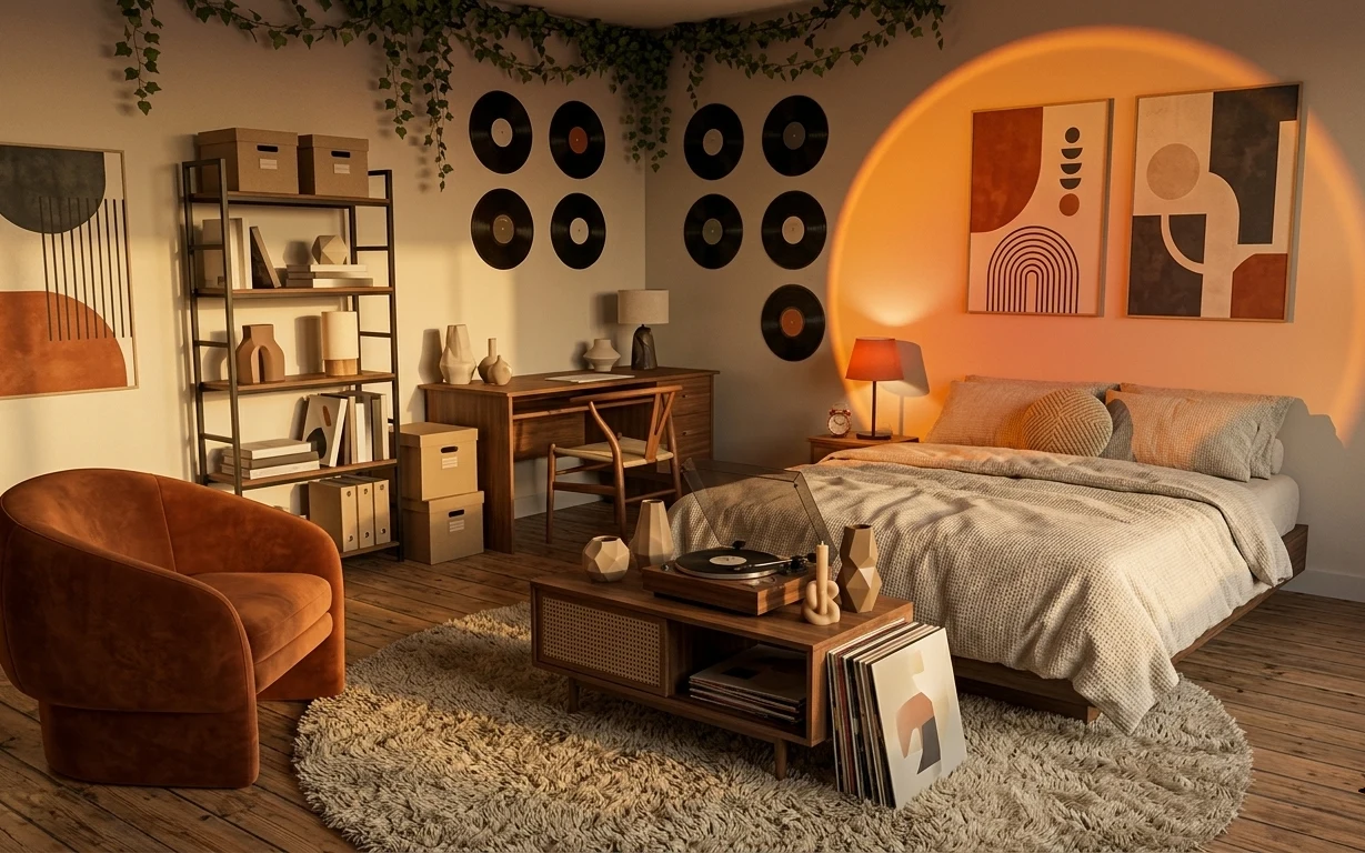 Warm bedroom lounge with shag rug, tan velvet chair, wood sideboard and coffee table, orange-shaded lamp, and framed abstract art