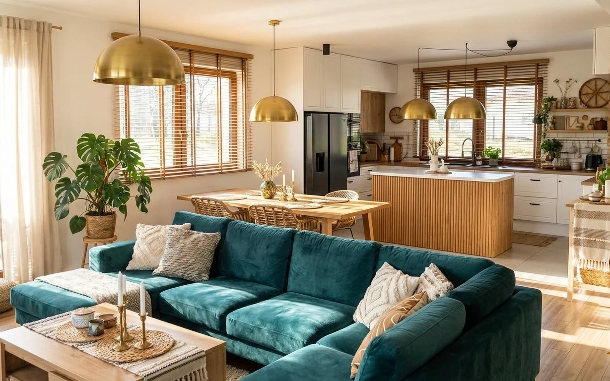 Teal velvet sofa in a bright living room with brass dome pendant lights, beige rug, sheer curtains, and indoor plant