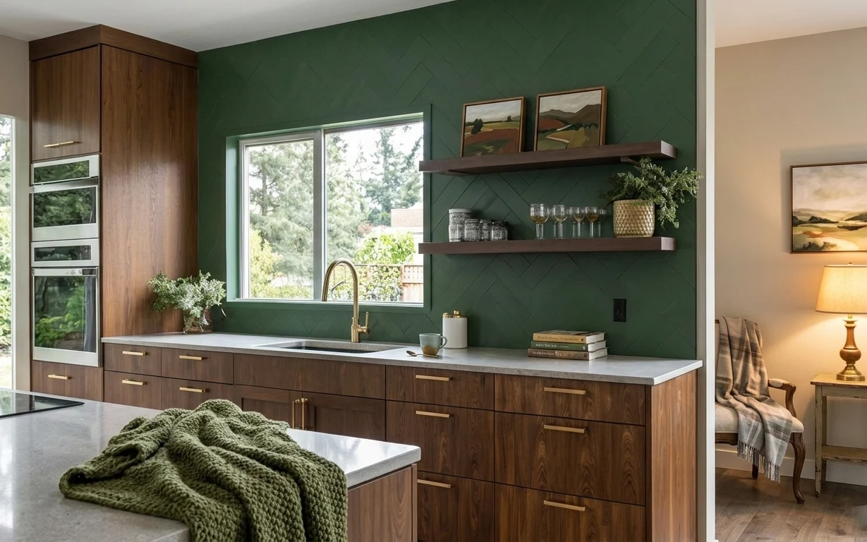 Warm walnut kitchen with deep green textured wall, floating shelves, framed landscape prints, and a cream-shade table lamp