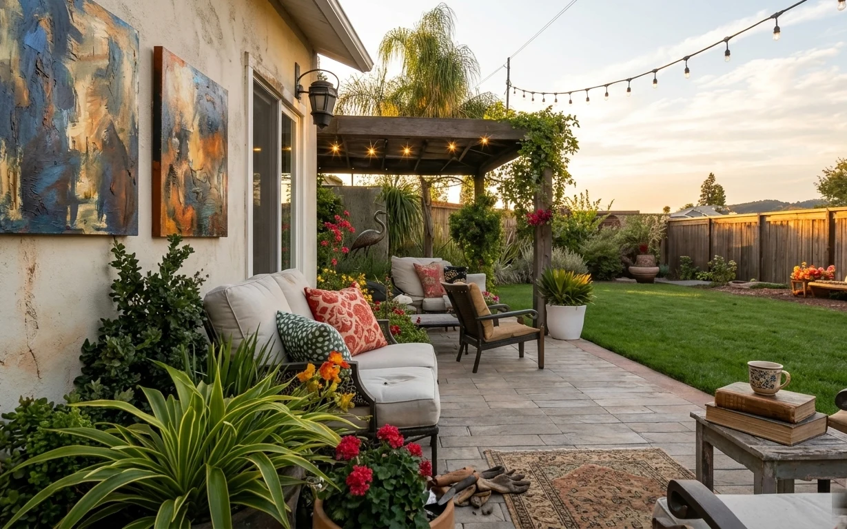 Gray patio sofa with outdoor rug, framed abstract art on the house wall, string lights, and potted greenery at dusk.