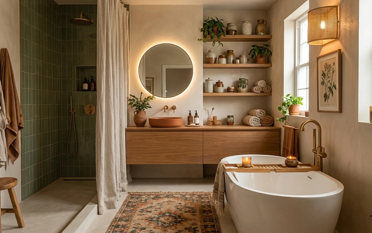 Sunlit bathroom tub nook with olive tile shower, round mirror, warm wood vanity, woven sconce, curtains, and patterned rug