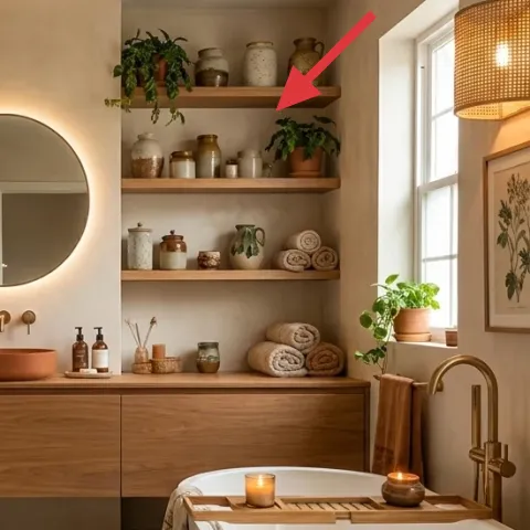 terracotta planters on vanity shelves