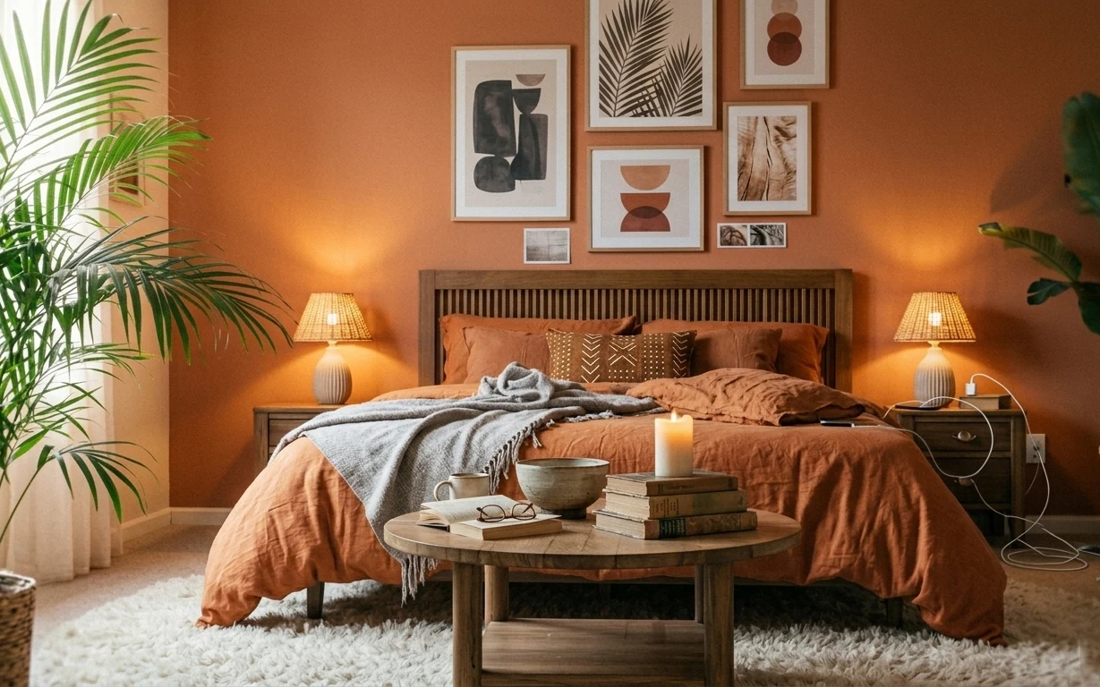 Warm terracotta bedroom with shag rug, orange-brown bedding, bedside lamps, framed abstract art, and potted palms