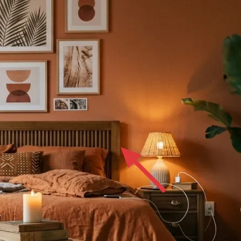 table lamp with beige shade on right