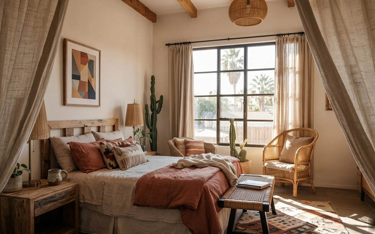 Sunlit bedroom with terracotta quilted bedding, beige curtains, rattan armchair, patterned rug, and cactus plants