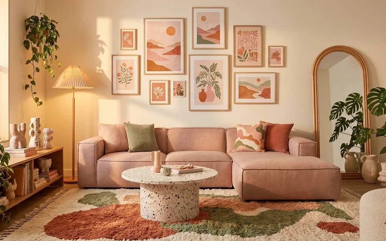 Warm cozy living room with beige sofa, multicolor rug, arched mirror, framed botanical prints, floor lamp, and tall potted plants