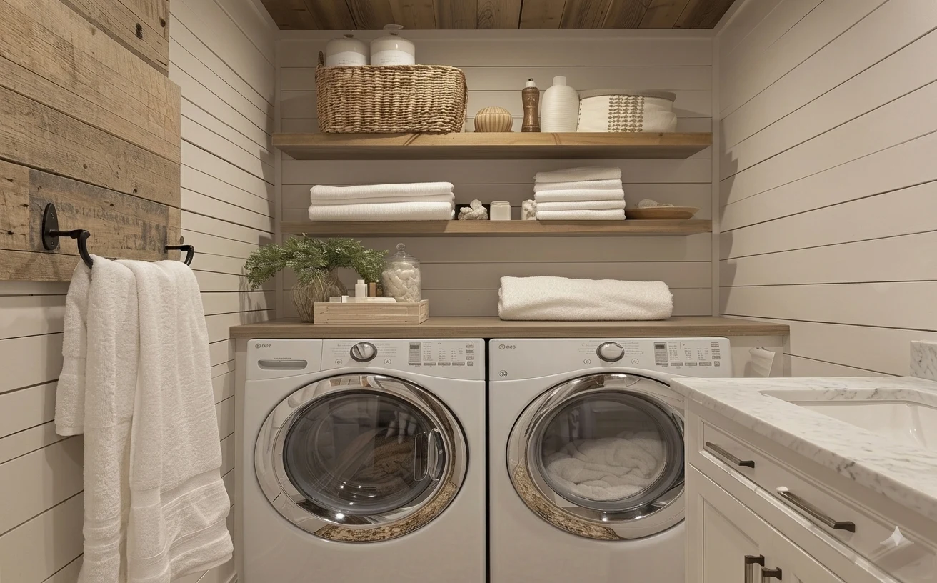 Laundry room with washer and dryer, white towels on shelves, woven basket, plant, and black towel bar