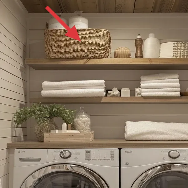 Woven hamper basket on the top shelf