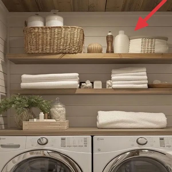 White lidded storage canisters on the top shelf