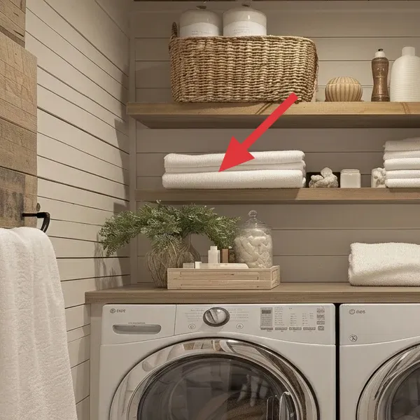 Stacked folded and rolled white towels on built-in shelves