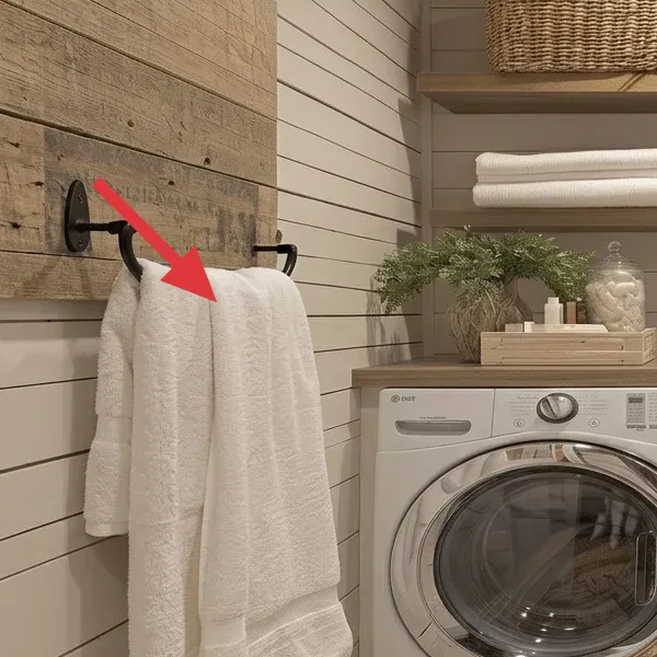Matte black towel bar with two white hand towels on the left wall