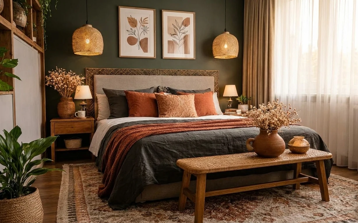 Boho bedroom with dark olive walls, framed botanical prints, woven pendant lights, rust throw blanket, wood coffee table, and layered decor