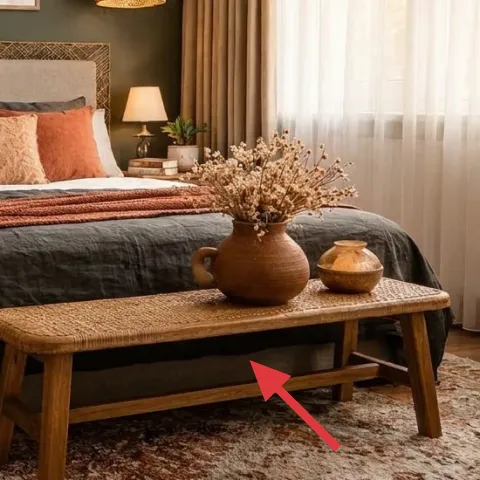 wood coffee table in front of the bed
