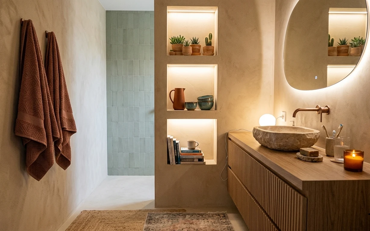 Warm bathroom nook with round mirror, terracotta succulents in niches, brown towel, distressed rug, and candle on wood vanity