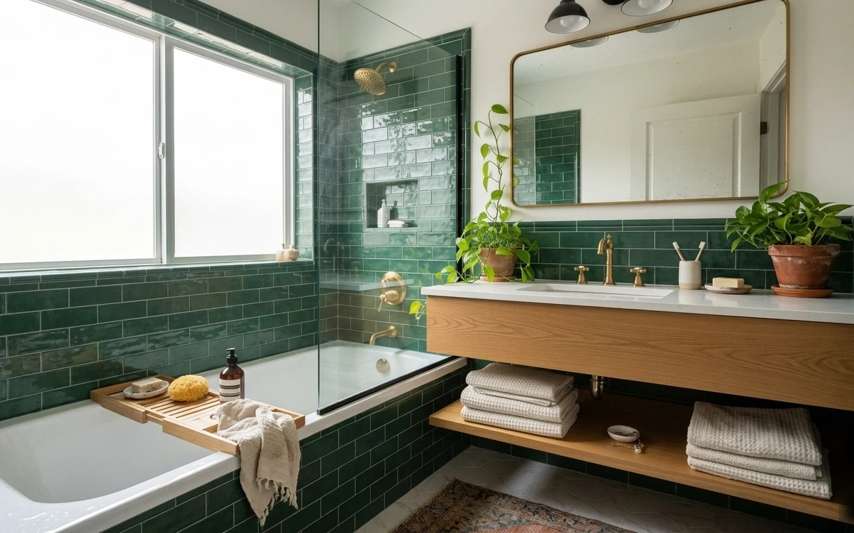 Bathroom tub and vanity corner with dark green tile, warm wood bench, folded towels, plants, and a textured floor rug.