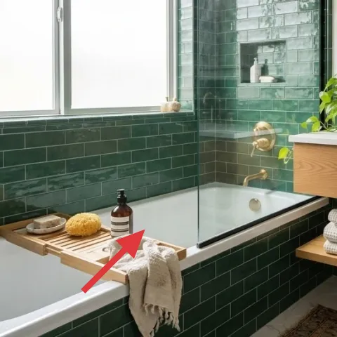 wood bath tray on bathtub rim