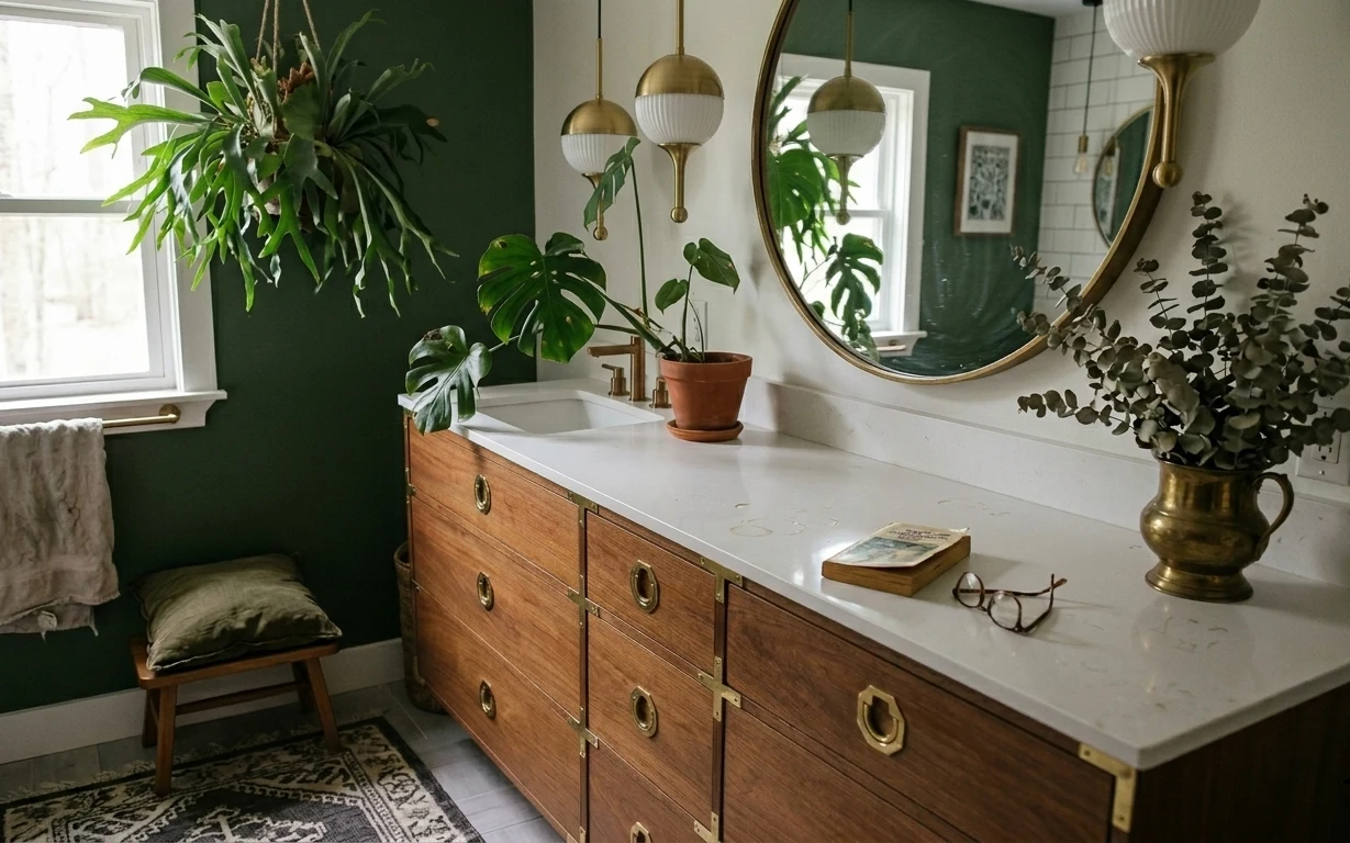 Green accent wall bathroom vanity with brass mirror, countertop plants, eucalyptus vase, and layered towels