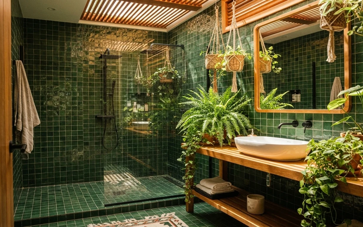 Plant-filled bathroom with green tiled shower, wood vanity, fern in a pot, towels, and hanging woven baskets