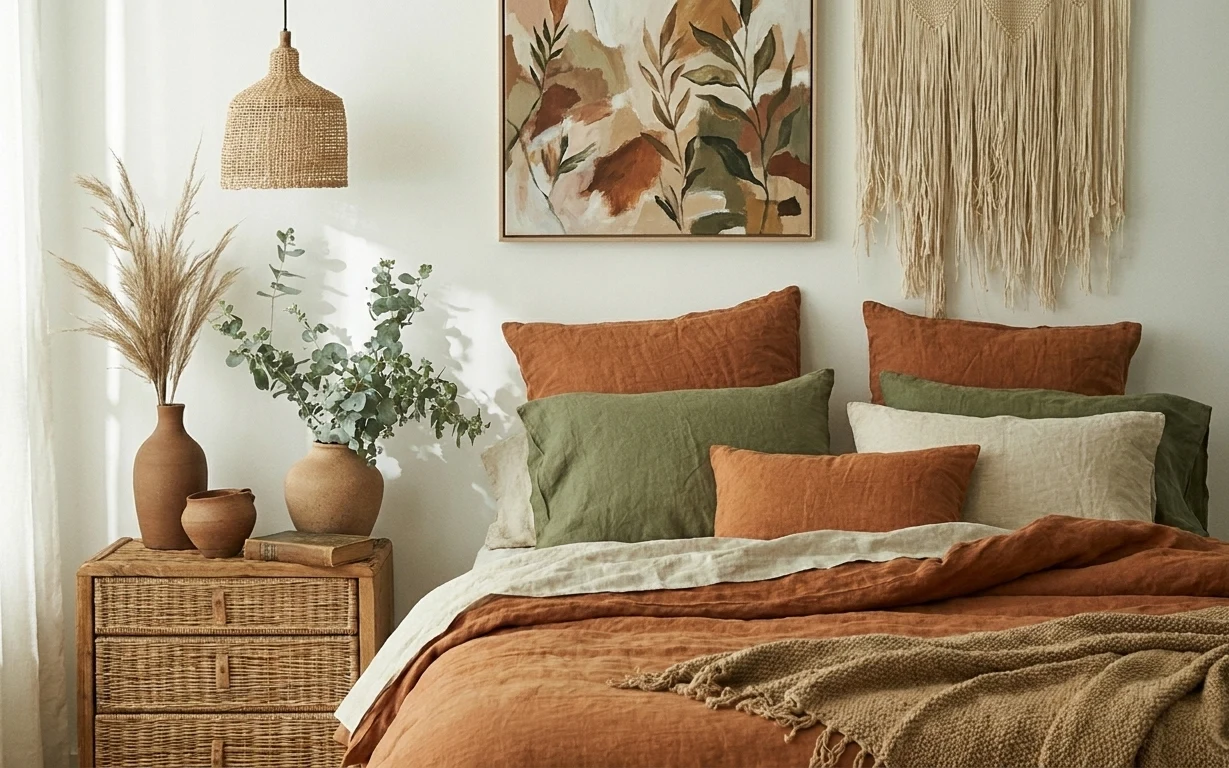 Boho bed nook with woven nightstand, olive and terracotta pillows, fringed throw, framed botanical art, macramé wall hanging, and eucalyptus stems