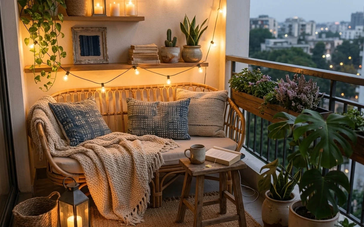 Cozy boho balcony daybed with rattan frame, chunky knit throw, blue pillows, warm string lights, plants, and candles