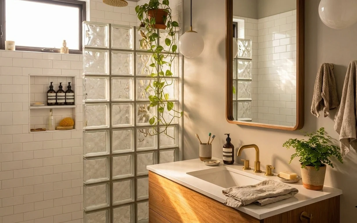 Warm bathroom vanity corner with white tile, framed mirror, terracotta plant pot, and beige towels