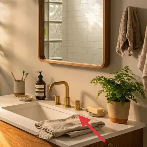 Folded beige towel on countertop