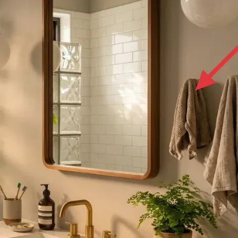Beige hand towels hanging on rack