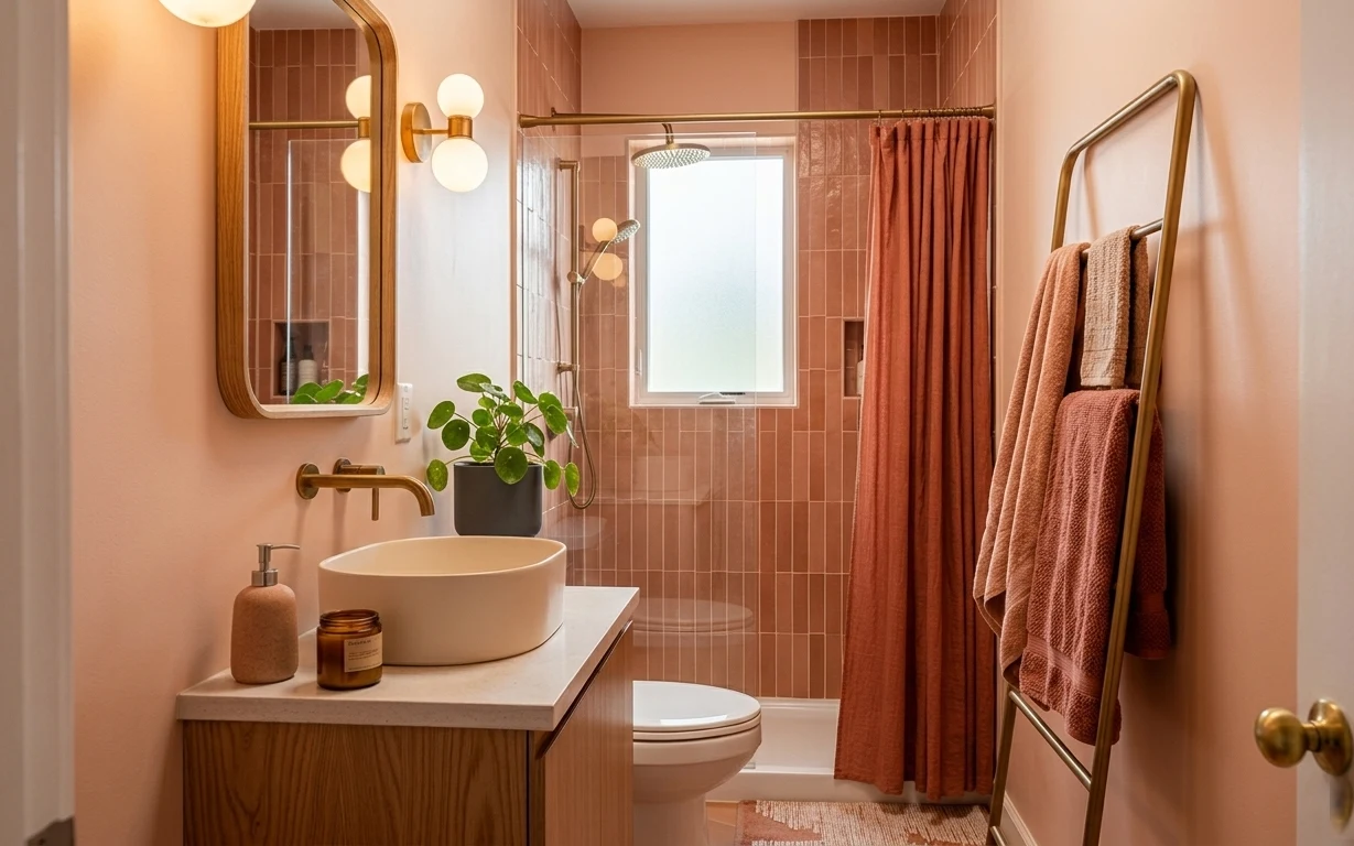 Warm bathroom with arched mirror, terracotta shower curtain, brass sconces, vanity, plant, and towel ladder