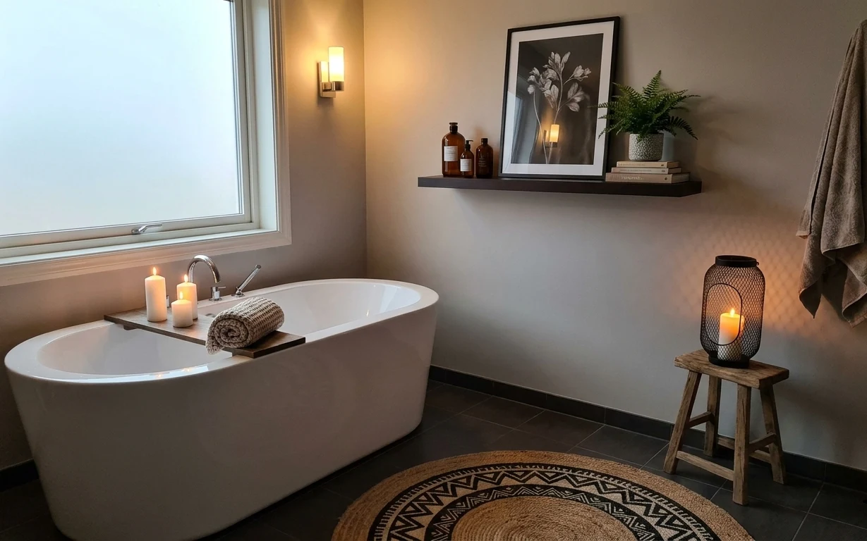 Warm gray bathroom with bathtub, window light, framed botanical print on shelf, potted fern, candles, and a lantern on a wooden stool